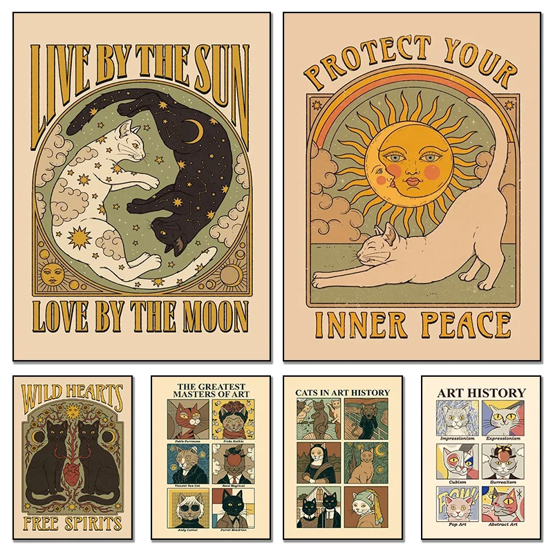 Affiche de chat Vintage Tarot, mignon soleil lune, affiches HD, peintures sur toile et imprimés, Art mural pour salon, décoration de maison, cadre