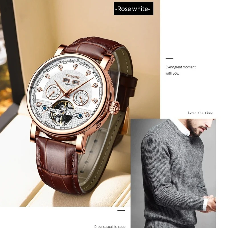 TEVISE T867C Luxury Brand Tourbillon Week Multi Functional Calendar Automatic Mechanical Watch Men Business Leather Watches Man