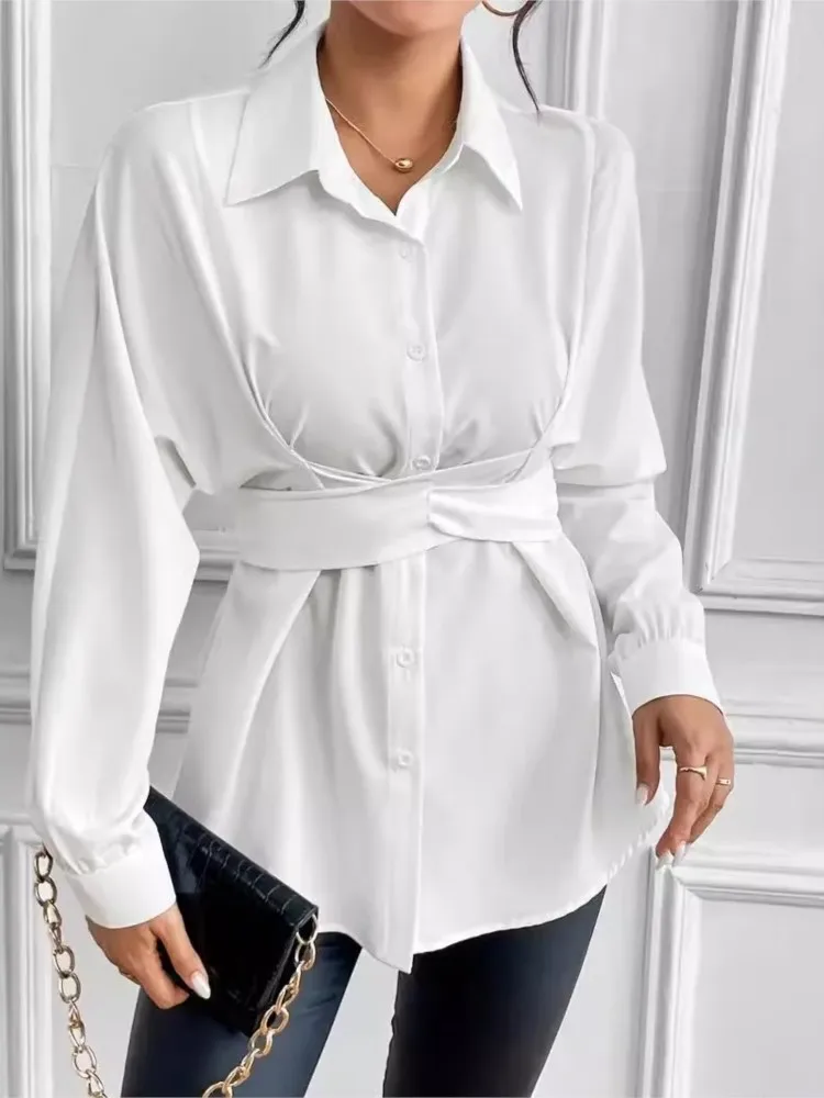 Office White Shirt Dress Women Chic Elegant Tunic New Midi Blouse Irregular Turn Down Collar High Waist Female Long Sleeve Tops