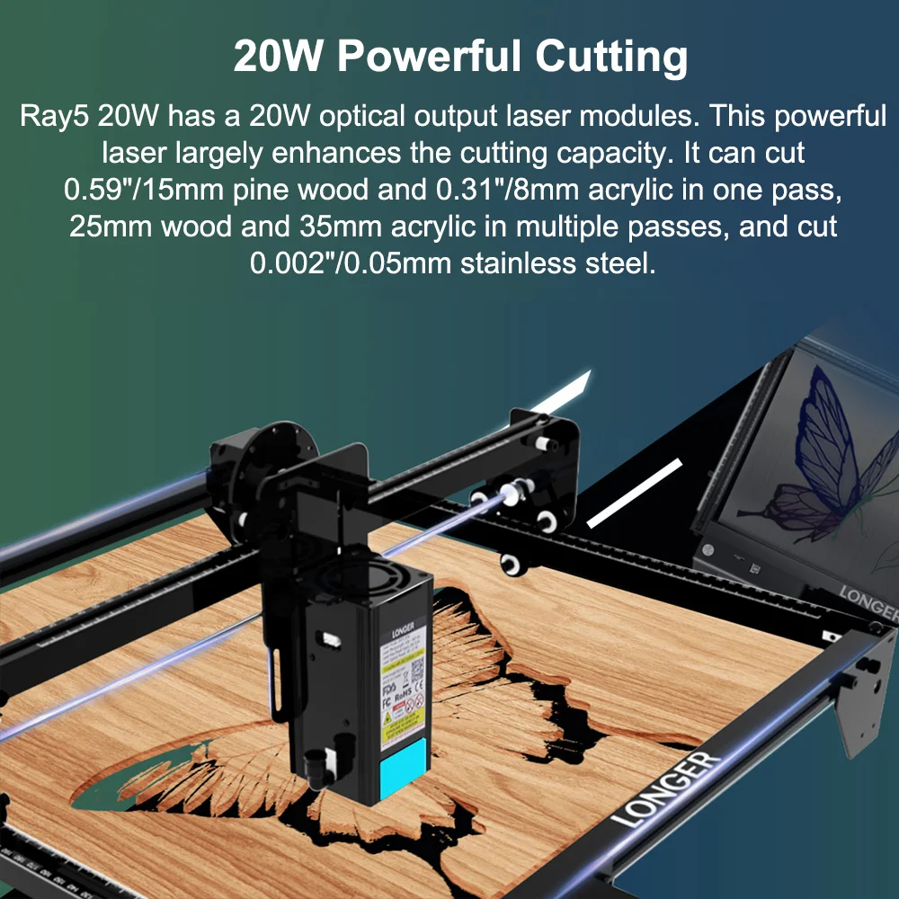 LONGER Ray5 20W Laser Engraver with Engraving Area 375x375mm 3.5'' Touchscreen 32-bit Motherboard Support App WIFI USB TF Card