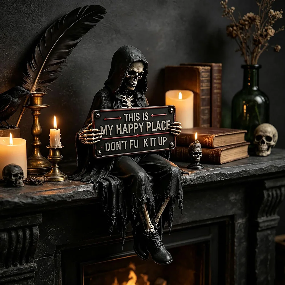 12cm Gothic-Skelett-Bücherregal-Figur, gruseliges Regal-Ornament aus Kunstharz, lustiges Schild, dunkle Halloween-Tischdekoration, Bücherregal-Dekor – Detail 4