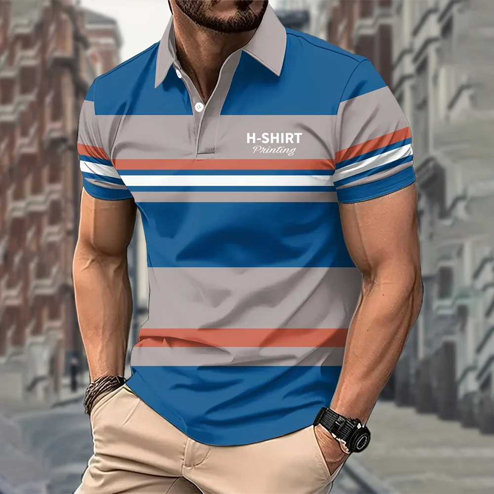 

3D Print Striped Color Block Polo Shirt For Men Colorful Pattern T-Shirt Summer Casual Lapel Tops Loose Short Sleeve Street Tees