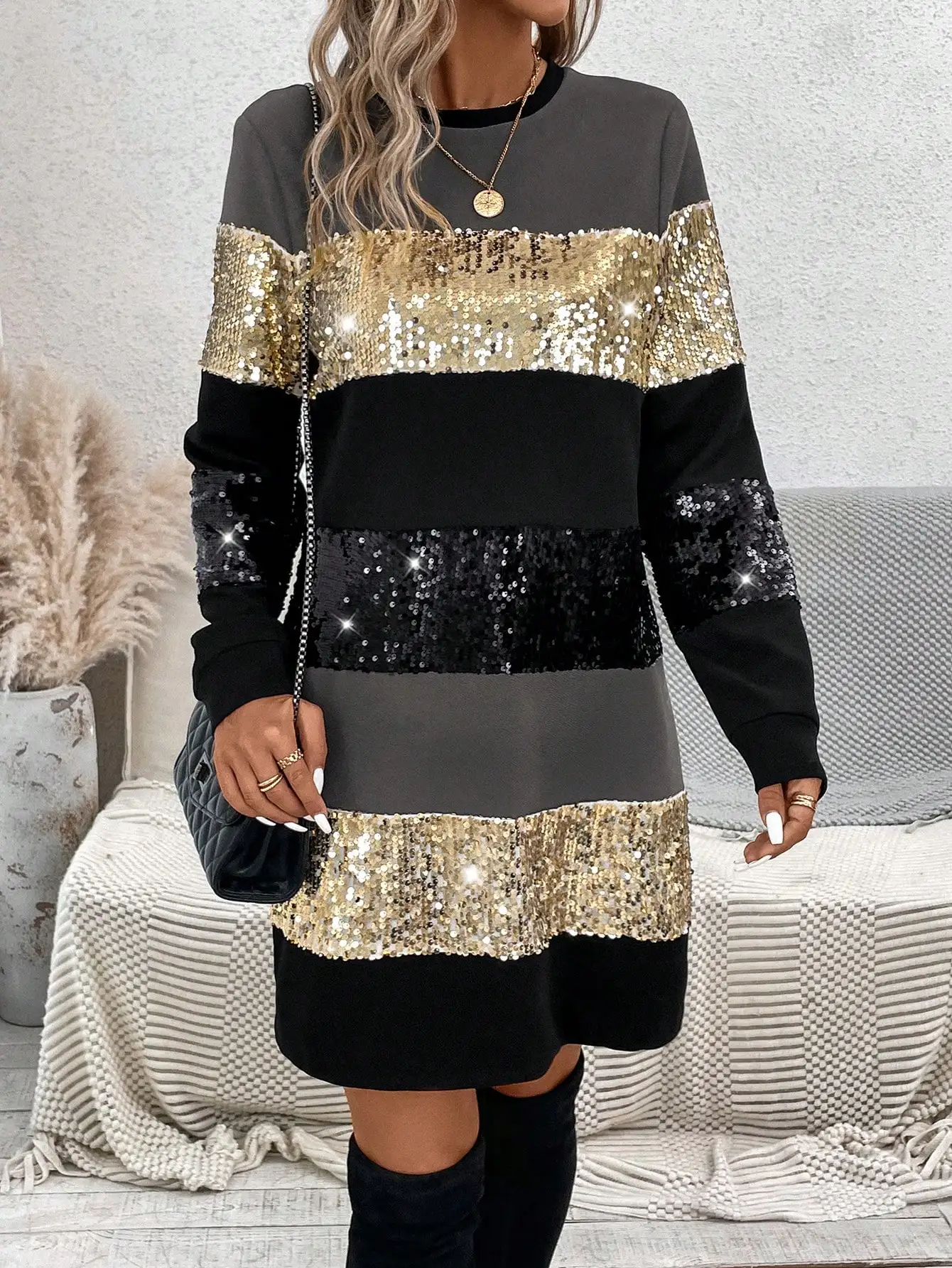 Women\'s Color Block Contrast Sequin 2023 Elegant Clothing Party Night Long Sleeve autumn Tee Colorful Evening Dress