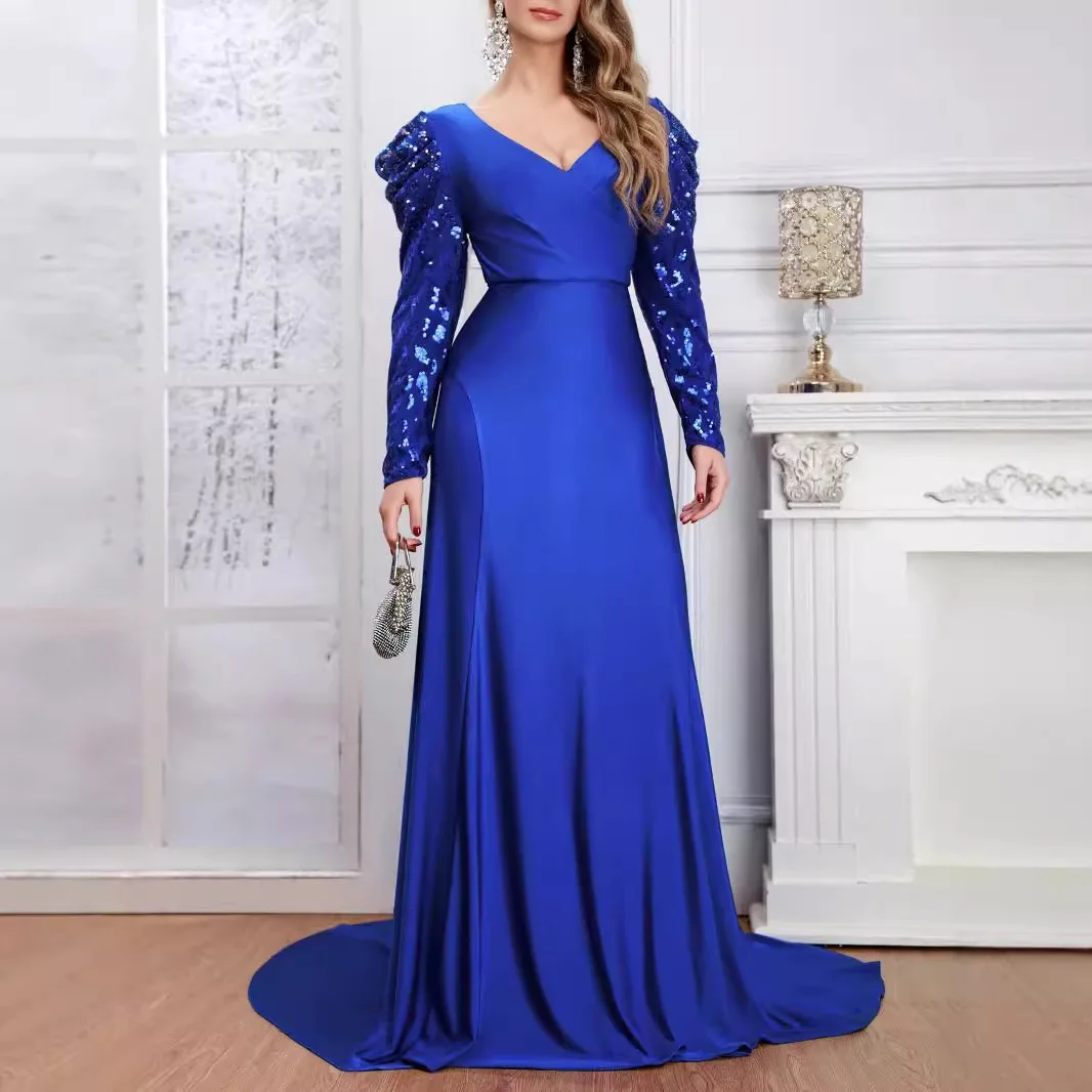 Maxi Dress Luxury Blue V-Neck Sequin Evening Dress 2024 Elegant Women Party Maxi Dress Long Sleeve Cocktail Dress Prom Gown