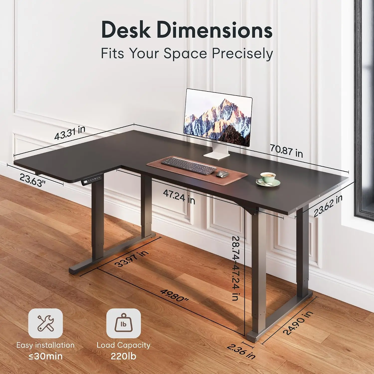 4-Leg L-Shaped Standing Desk 71x43 Inch Height Adjustable Ergonomic Workstation Office Home Black, Customized