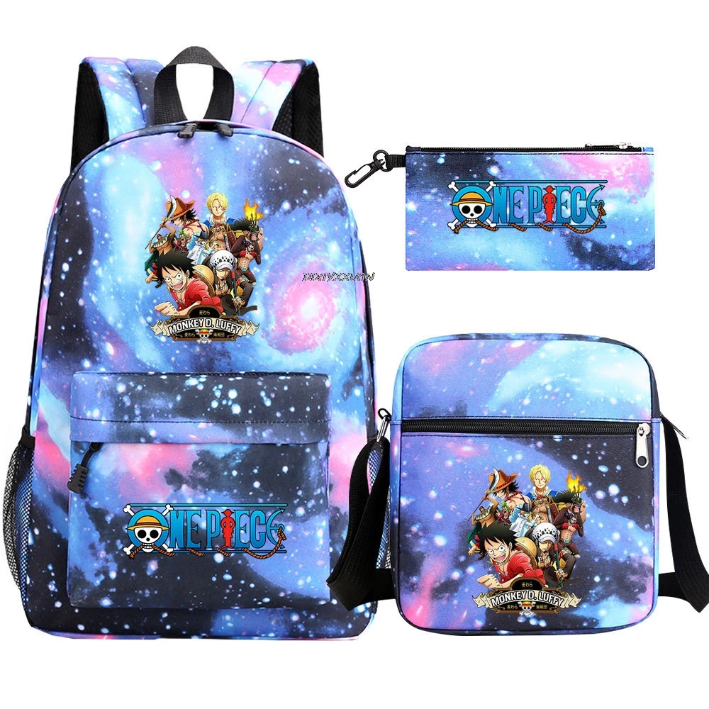 3Pcs Anime One Piece Luffy Boy Girl Kids School Book Bag Travel Backpack Shoulder Bag Pen Bag Men Women