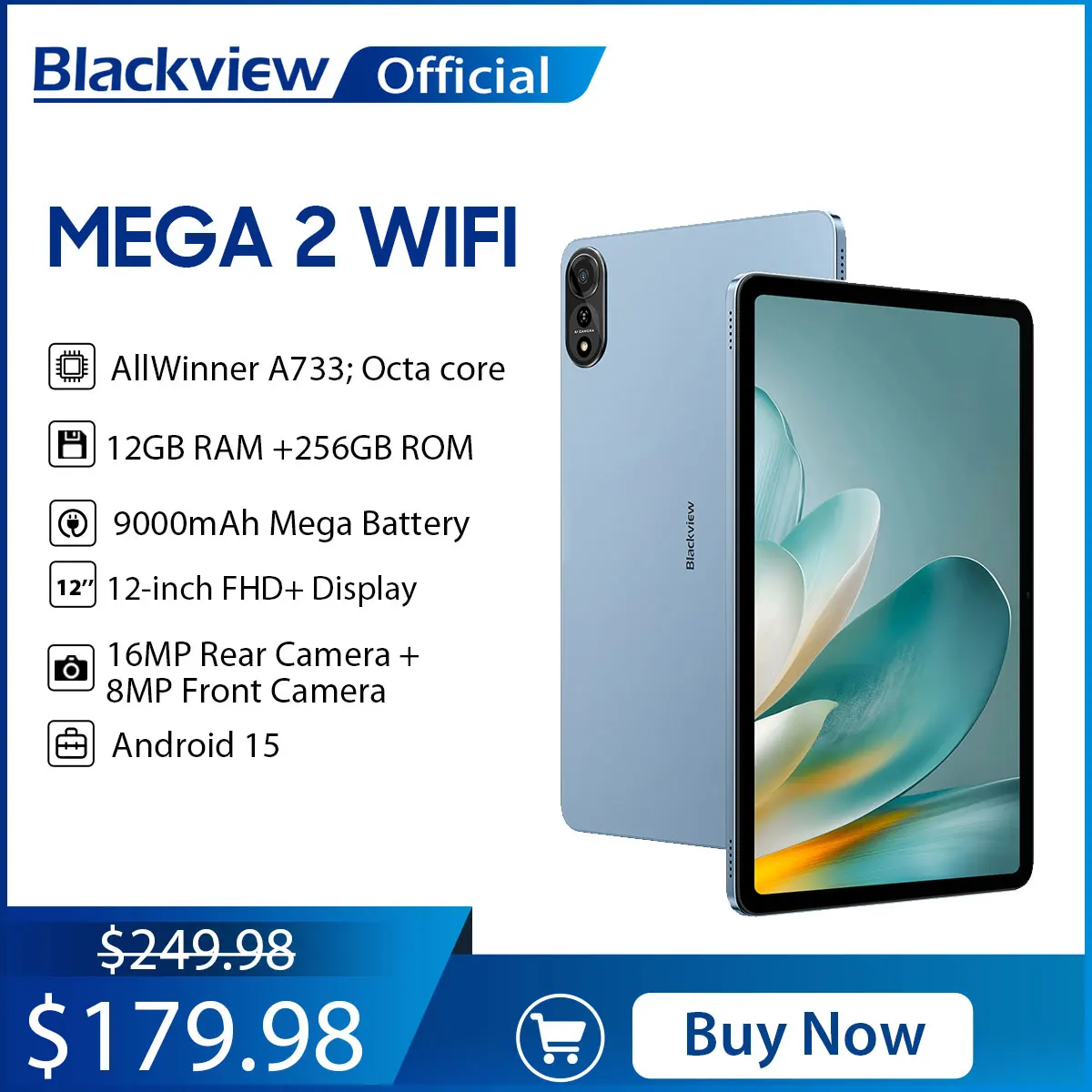 

Blackview MEGA 2 WIFI Tablet 12-inch 2K FHD+ Display 12GB+24GB RAM 256GB ROM 9000mAh Battery 16MP Android 15 WIFI Tablets PC