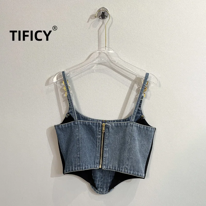 Imagem -02 - Tificy-splice Fish Bone Denim Camisola para Mulheres Top Curto Costas Abertas Tanques Curtos Sexy Novo Verão