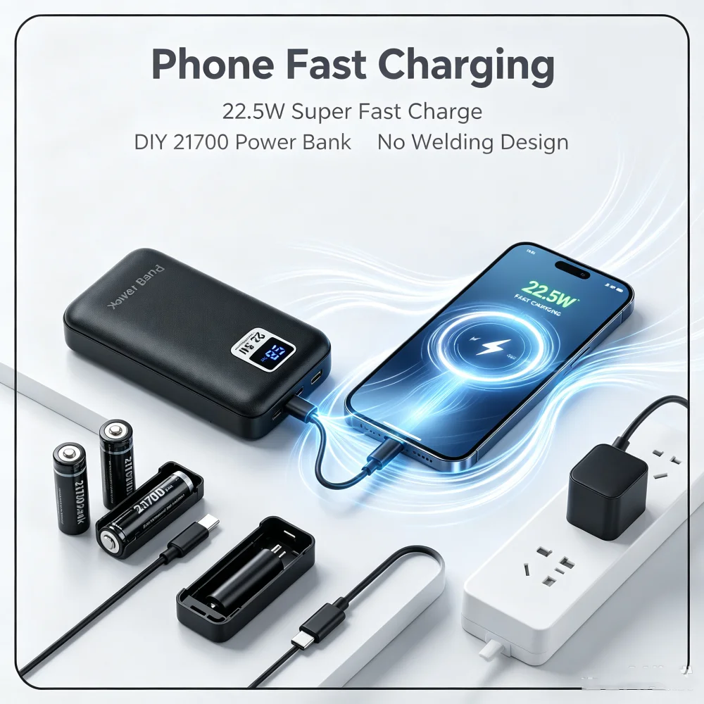 22.5w 21700 Battery Power Bank Battery Case Charging Module DIY Powerbank S620 Chip 2pcs 21700 Battery Detachable 10000mAh
