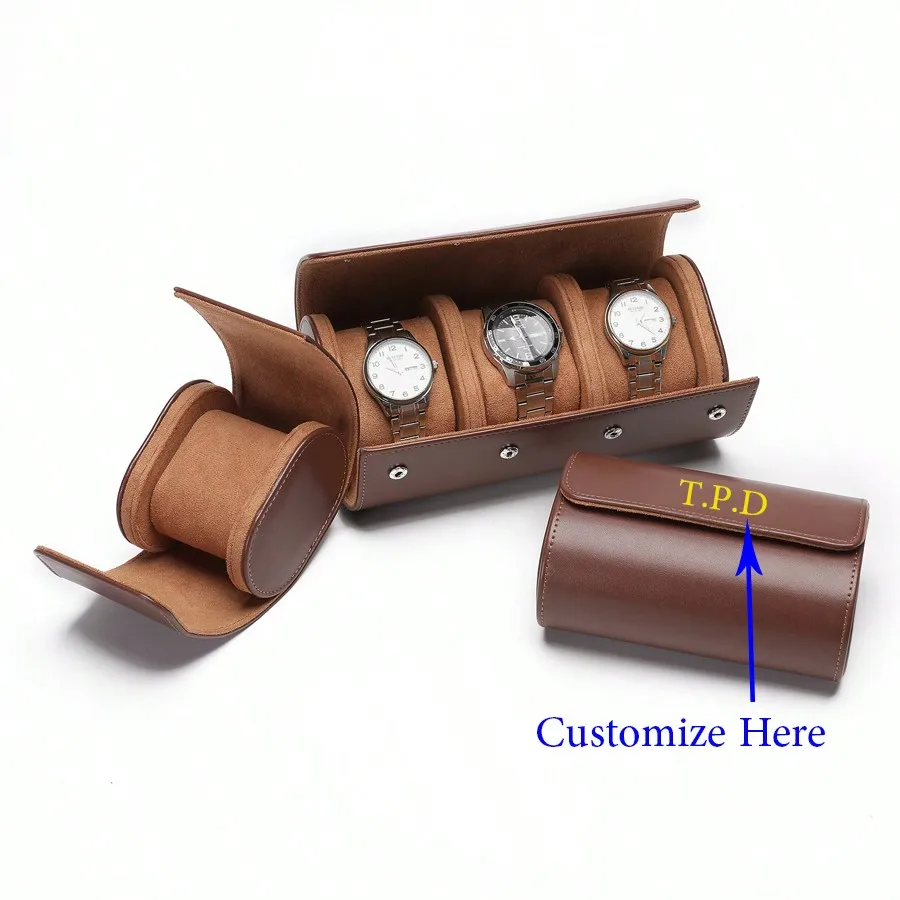 

Коричневый кожаный органайзер для часов из искусственной кожи, складной, на 3 часов, с персонализированными инициалами, подарок для путешествий