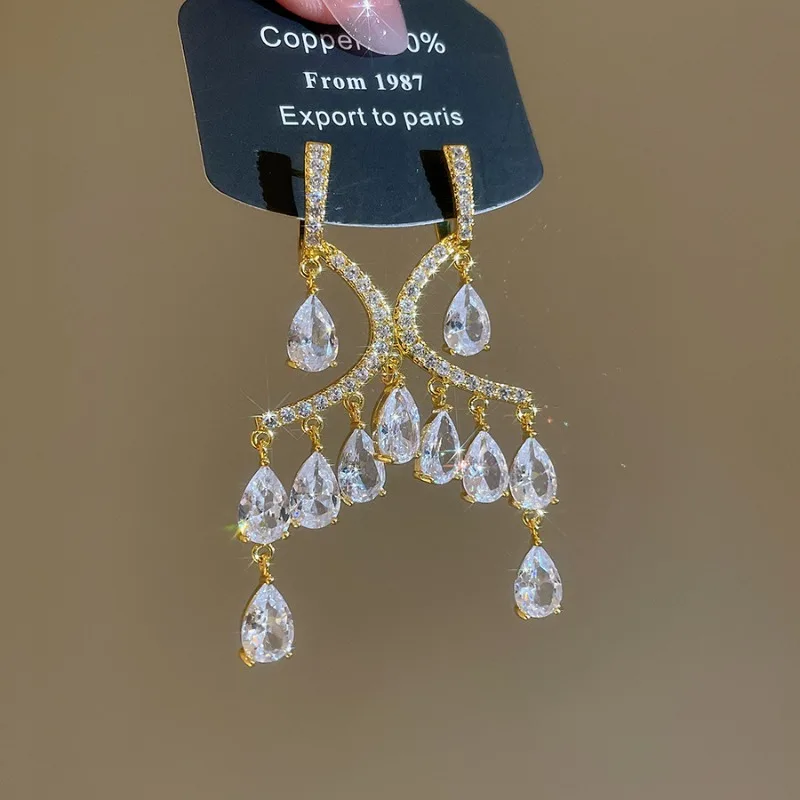 Minar Light Luxury Full CZ Cubic Zirconia Water Drop Tassel Hanging Dangle Earrings for Women 18K Real Gold Plated Copper Gifts