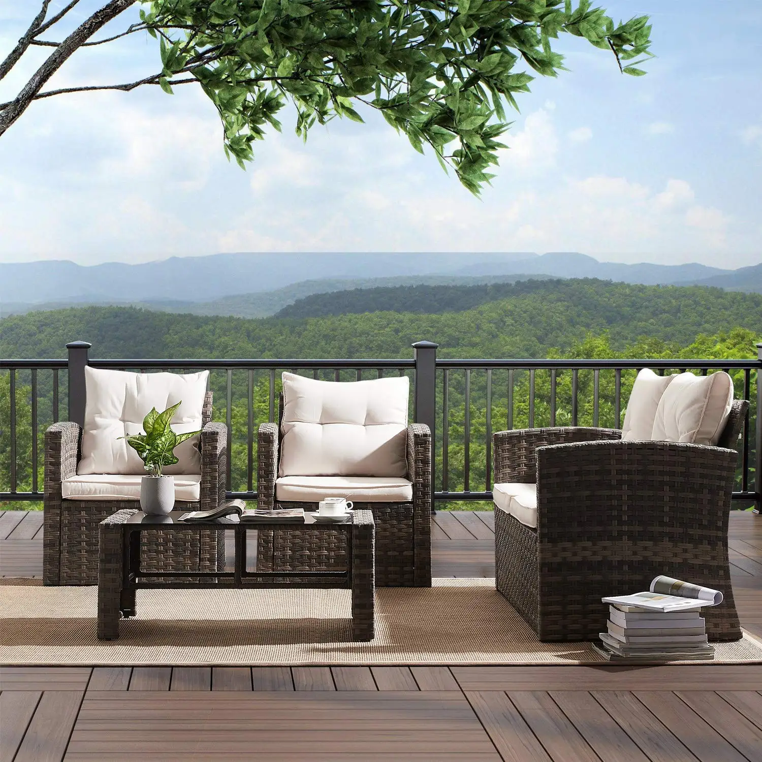 Mixed Brown 4 Piece Outdoor Patio Furniture Conversation Sets + Coffee Table, Sofa Loveseat Chair Seating Group, Customized