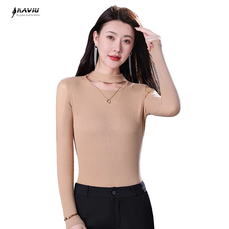 

NAVIU Apricot Casual knitted Sweater for women Autumn Temperament Slim Turtleneck Top Long sleeved Mesh Bottom T Shirt Black