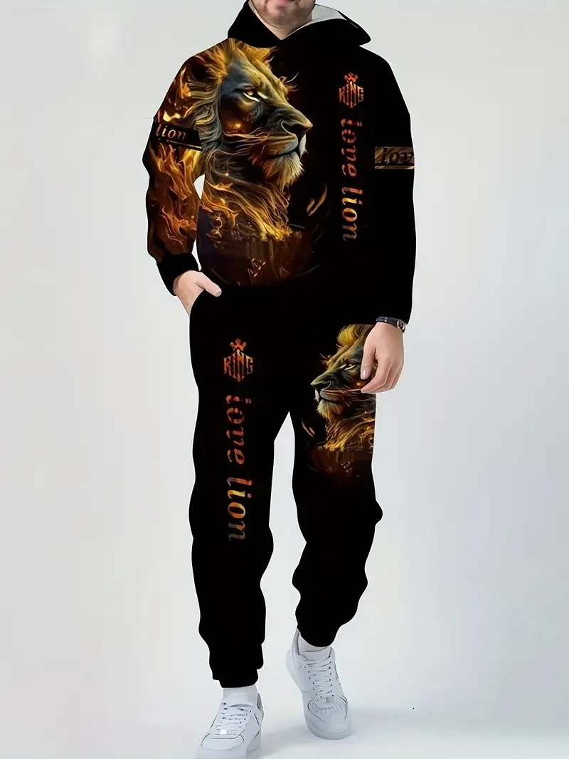 Funny 3D Lion Pattern Men's Hoodies Sets Autumn and Winter Casual Sweatshirts and Pants 2 Piece Outfit Fashion Loose Sports Suit