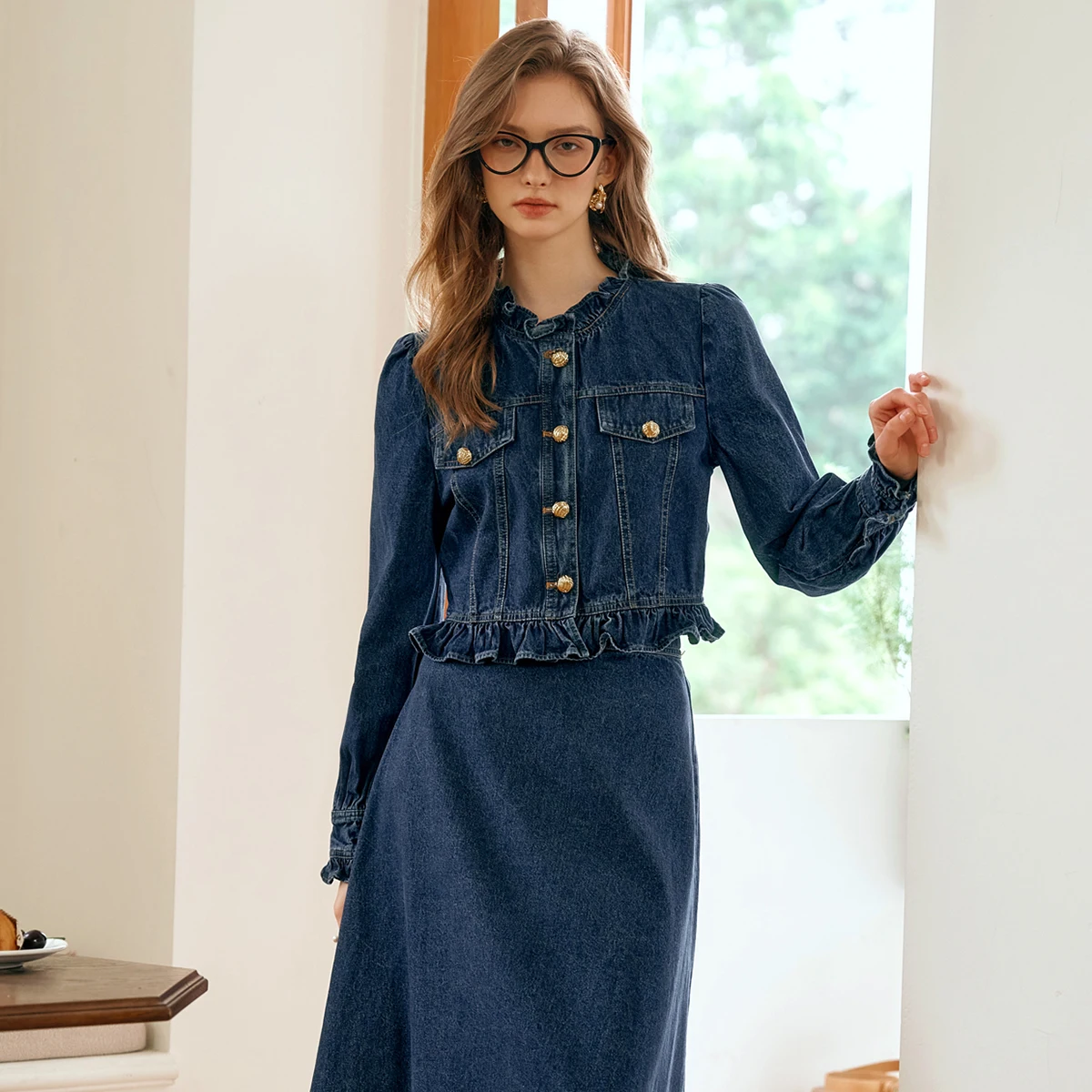 OLrain Women Two-piece Denim Skirt Sets Autumn 2026 Short Ruffles Puff Sleeve Outerwear Vintage A-line Cotton Skirts M56QE68830