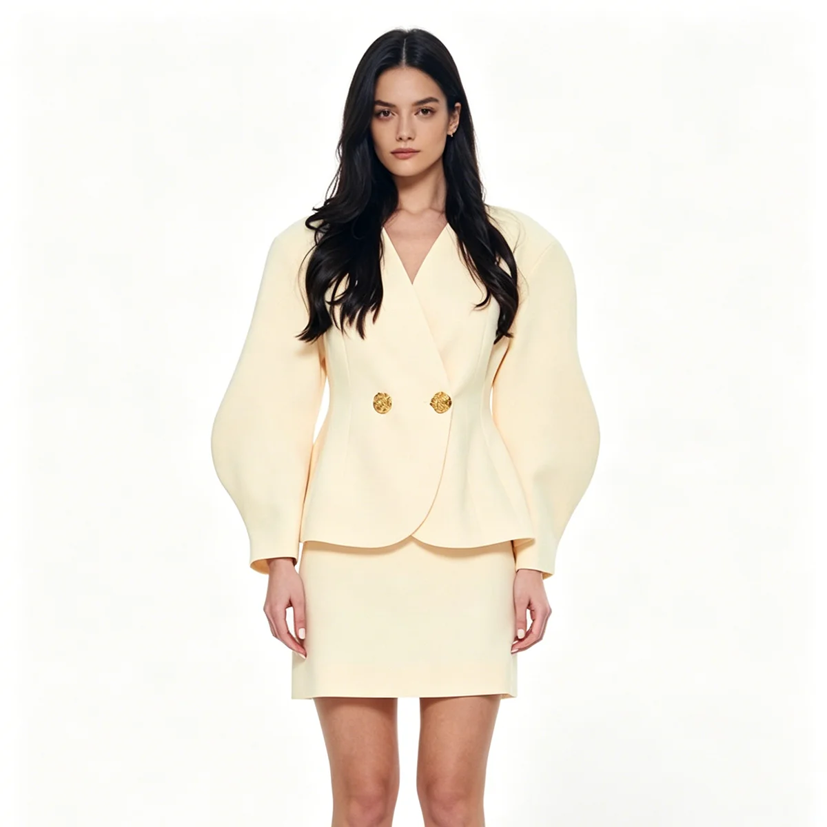 

LIMO Cream Yellow 2 Piece Blazer Set Puff Sleeve Double Breasted Suit with Mini Skirt