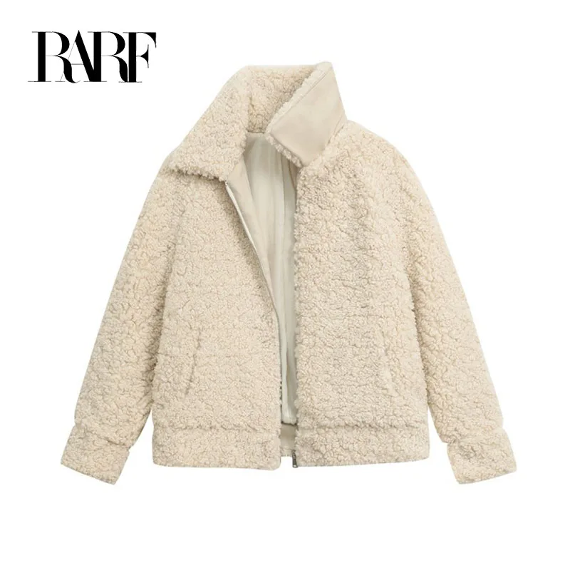 RARF 2024 Ladies fall/winter new lapel loose, age reduced lamb wool short thick warm white women\'s coat