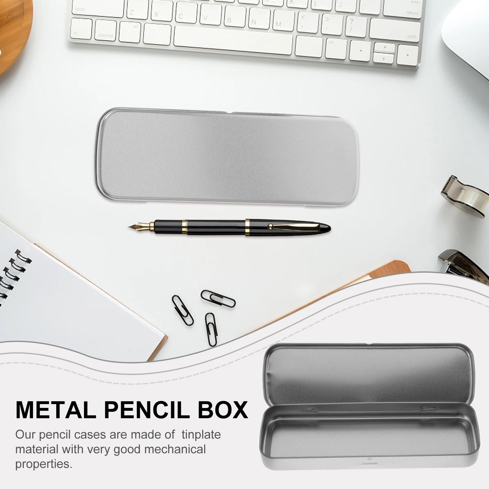 

2 Pcs Silver Gray Metal Stationery Box Long Rectangle Matte Finish Display Window For School Bulk Pen Holder Storage