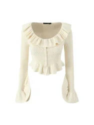 Unique and unique super fairy French gentle sweet ruffle irregular trumpet sleeve short knitted cardigan top