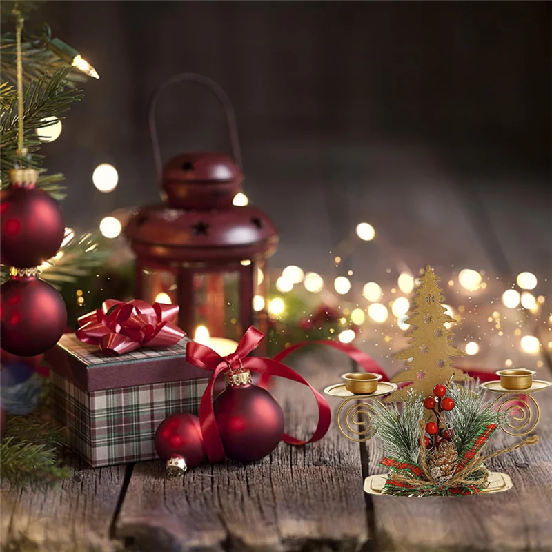 ABBN-2PCS Gold Christmas Tree Pillar Candle Holder With Berry & Pine Nut Candle Holder For Holiday Desktop Decor Metal Decor