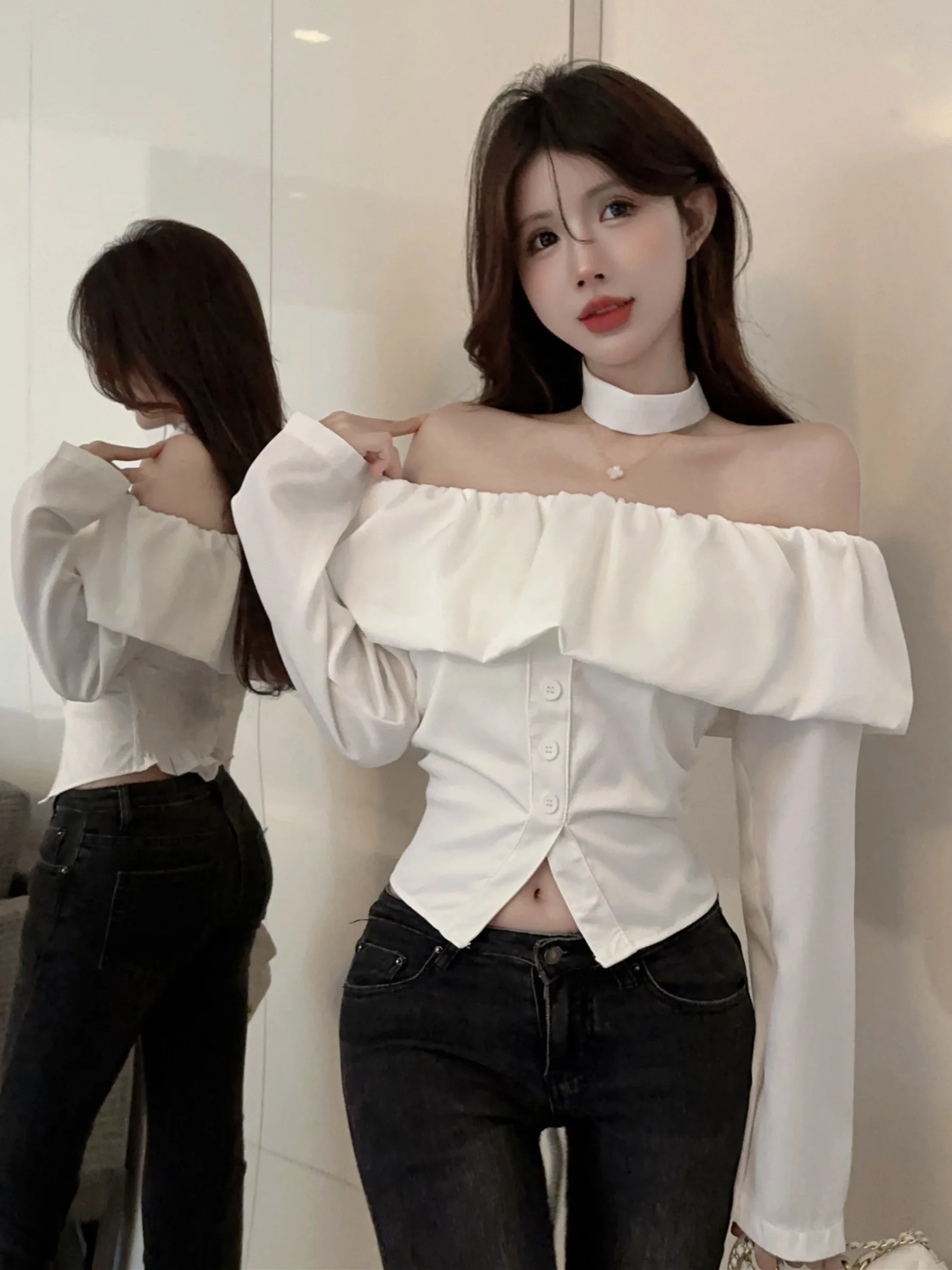 

Ele White Off-oulder Long Sve irt Women's Early Spring Design Sensation Stand Collar Ne Hanging irt