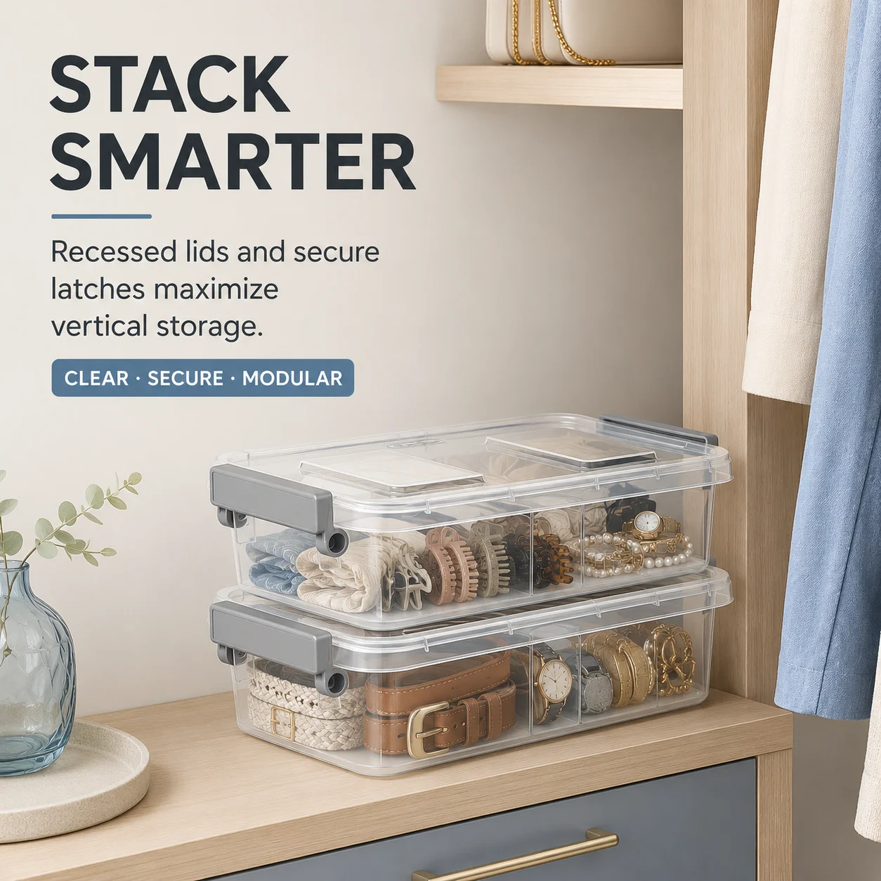2‑Pack Modular 2.7 Quart Clear Plastic Storage Bin, Latching Container with Write‑on ID Gray Latches Stackable Small Organizer for Office Craft Bathroom Closet Sundries