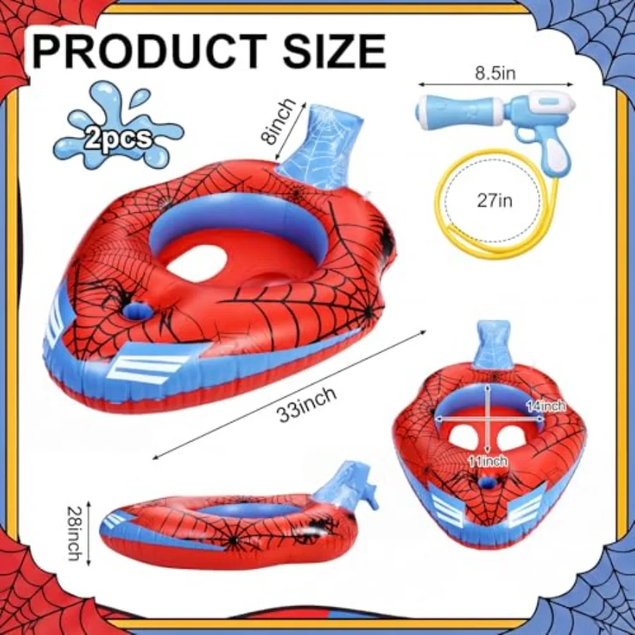 Spider-themed inflatable pool floats with water gun for kids ages 3-11, red and blue ship-shaped floaties, durable PVC, quick-i