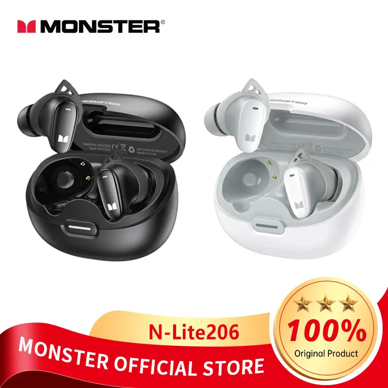 Monster N-Lite206 سماعات بلوتوث للحد من الضوضاء سماعات لاسلكية ألعاب رياضية تحكم باللمس خطافات أذن مقاومة للماء