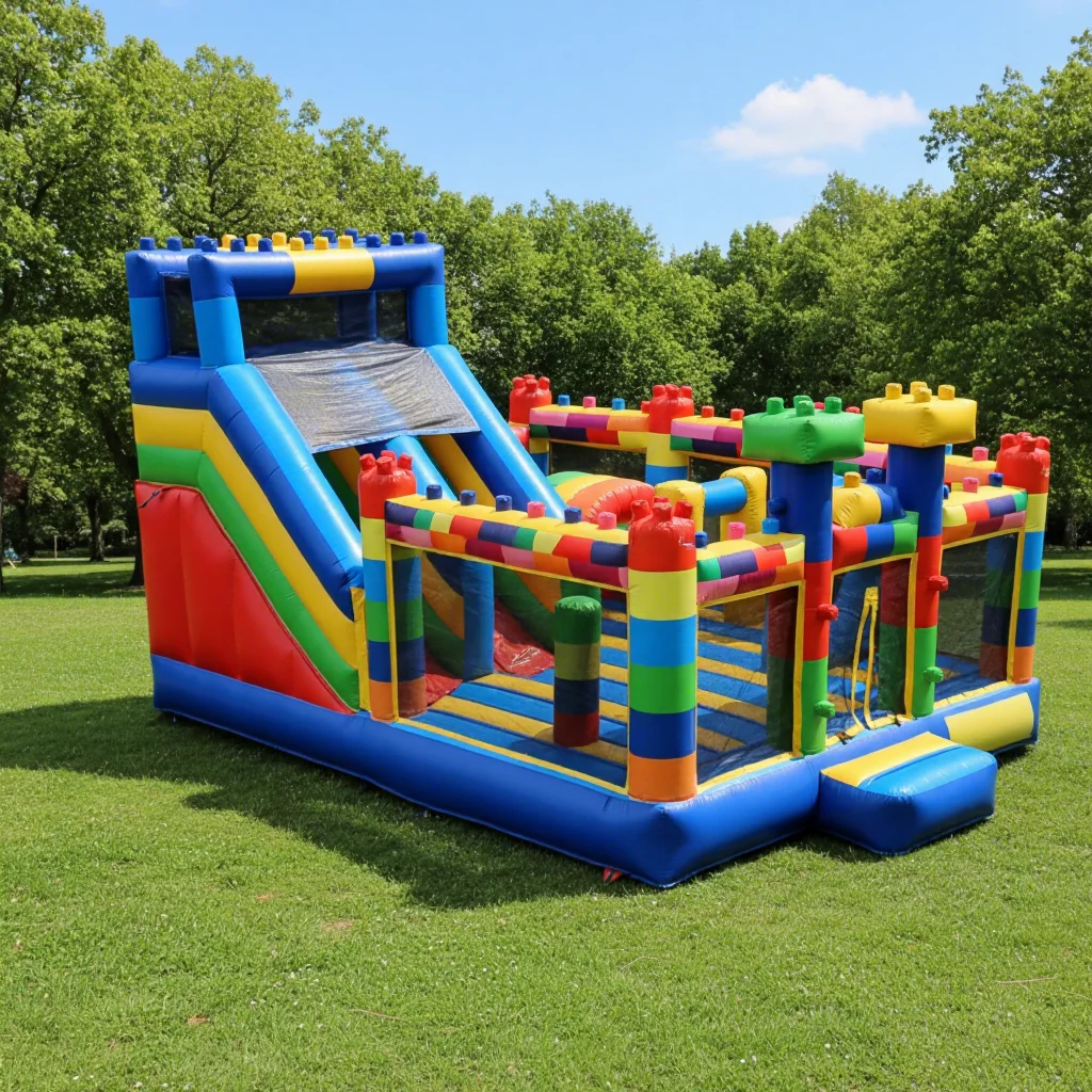 Kids Inflatable Bounce House with Slide & Block Themed Obstacle Course Wet/Dry Jumping Castle Combo with Blower for Party