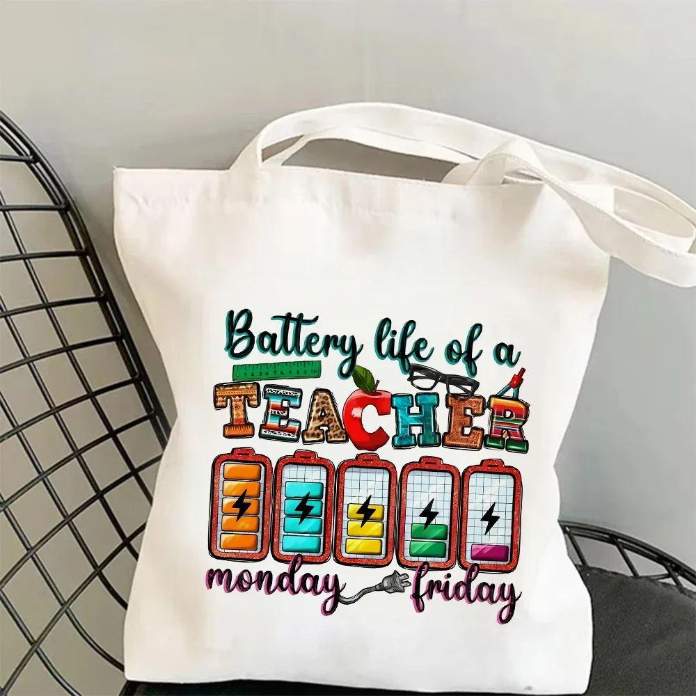 1pc Teacher Inspired Battery Life Print Canvas Shoulder Bag Spacious Tote Bag Shopping Work School Travel Eco Friendly