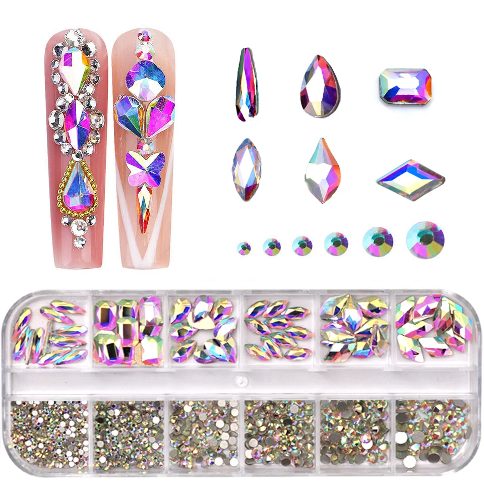 

12 Grids Crystal AB Nail Strass Crystal Flat Bottom Mix Shapes Glitter 3D Nail Art Decorations Rhinestones for Manicure Design