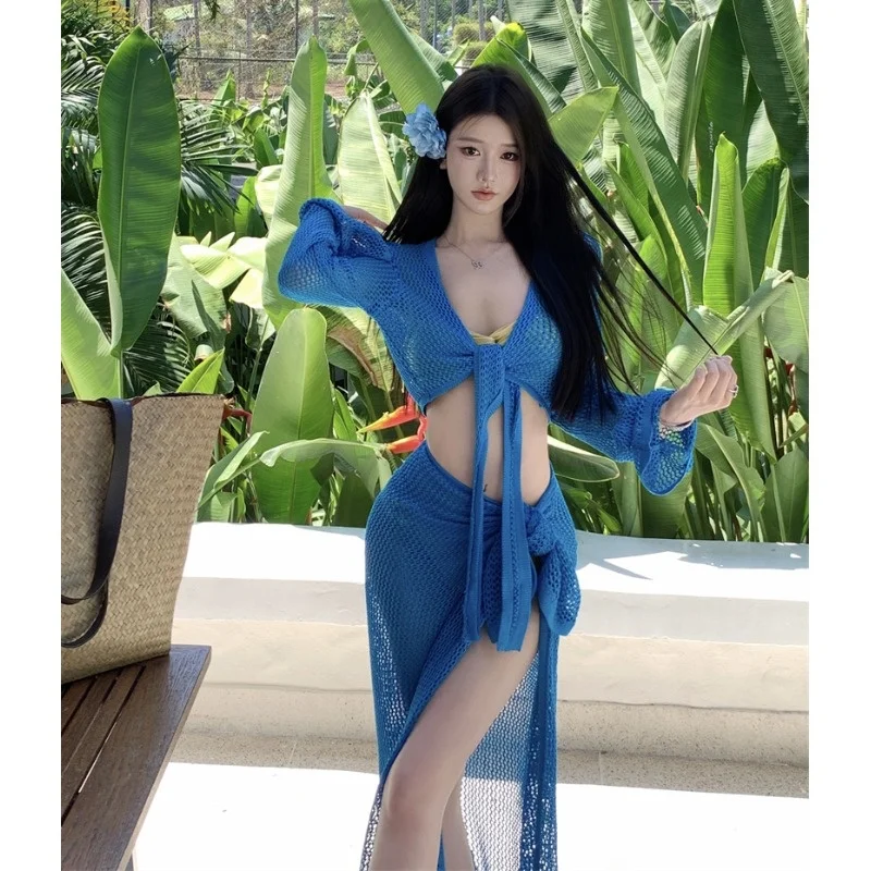 

Blue Knitted Tie Waist Long Sve Bikini Set Vaion Sle Body a Long Dr Sun Protection Top Silk Polyester Fabric