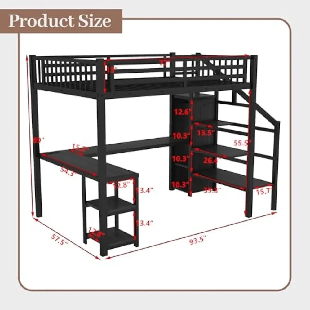 Selling-full Size Loft Bed with Desk and Stairs, Gaming Loft Bed with RGB LED