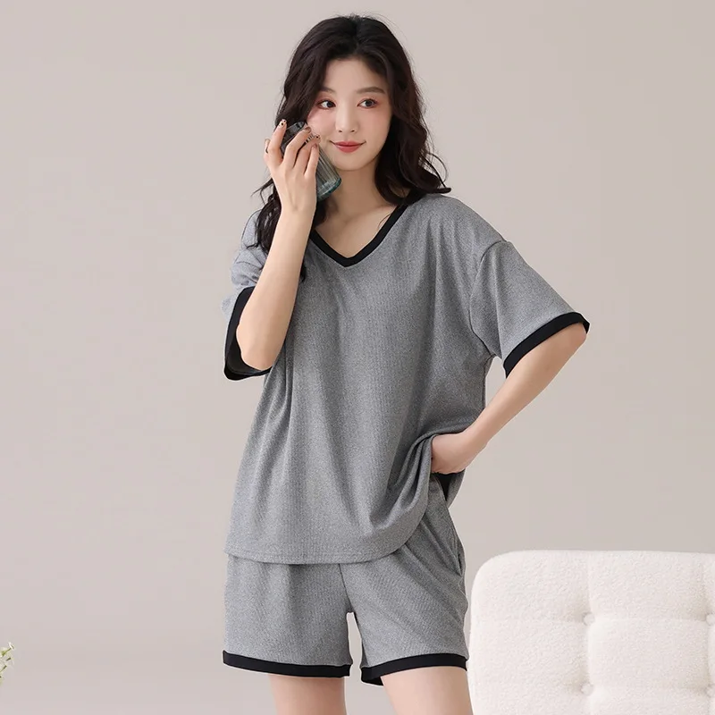 New Summer Pajama Women's Ice Silk Short-sleeved Shorts Set with Chest Pads Anti-protrusion Dots Solid-color Casual Home Wear