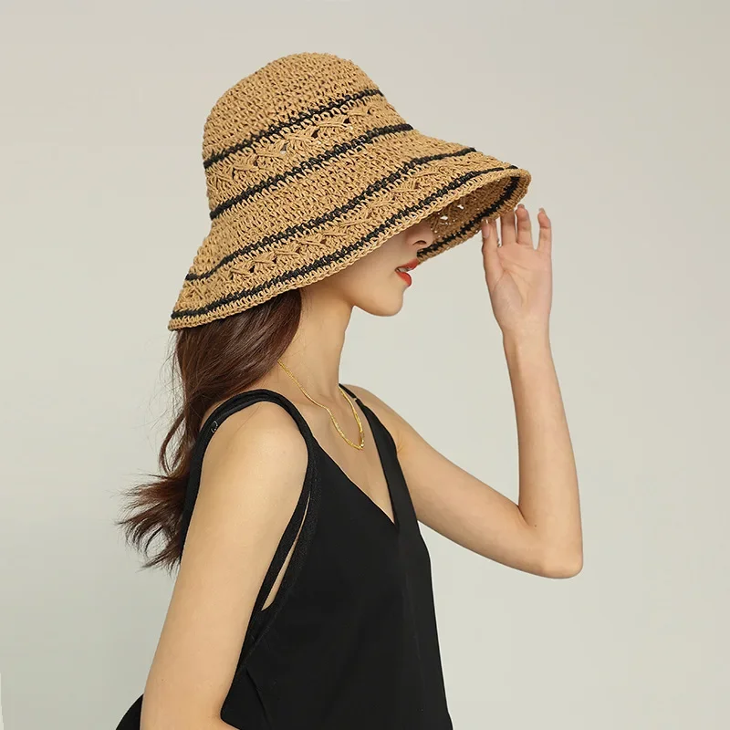 Beach Hat Women\'s Summer Panama Straw Bags Summer 2022 Straw or Wicker Cap Bucket Hat Sun Hats Stripe Sun Visor