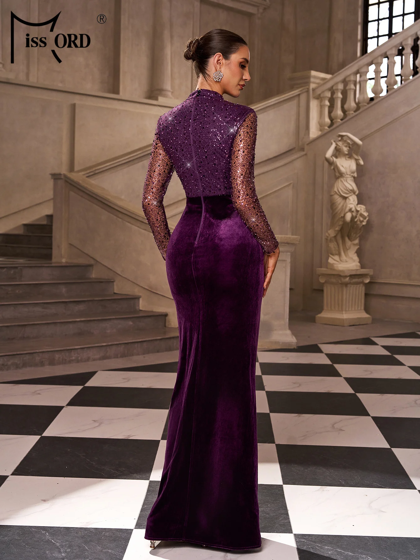 Missord New 2026 Winter Purple Round Neck Long Sleeved Velvet Evening Gown Wedding Birthday Party Formal Occasion Maxi Dresses