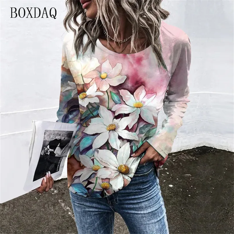 Long Sleeve Women Floral T-Shirts Spring Autumn 3D Flower Print Street Ladies Tees 6XL Plus Size Female Clothing Casual Tops