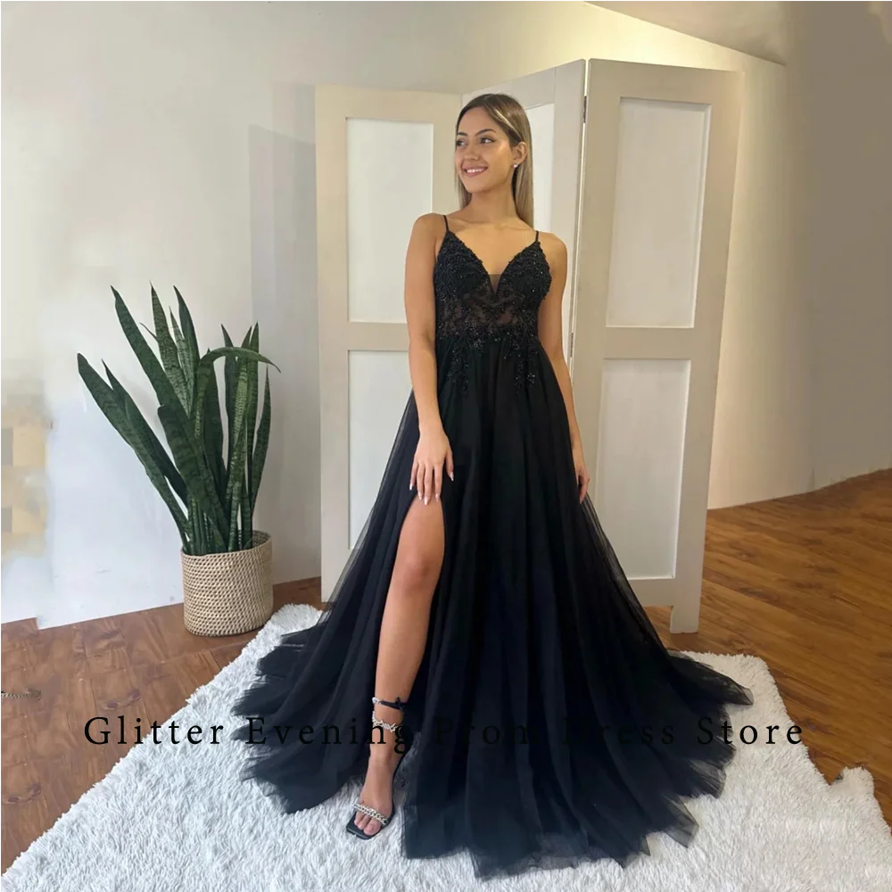 

Black Elegant Sexy Prom Dresses For Women V-Neck A-Line Tulle Sweep Train Beading Backless Custom Birthday Evening Party Grows