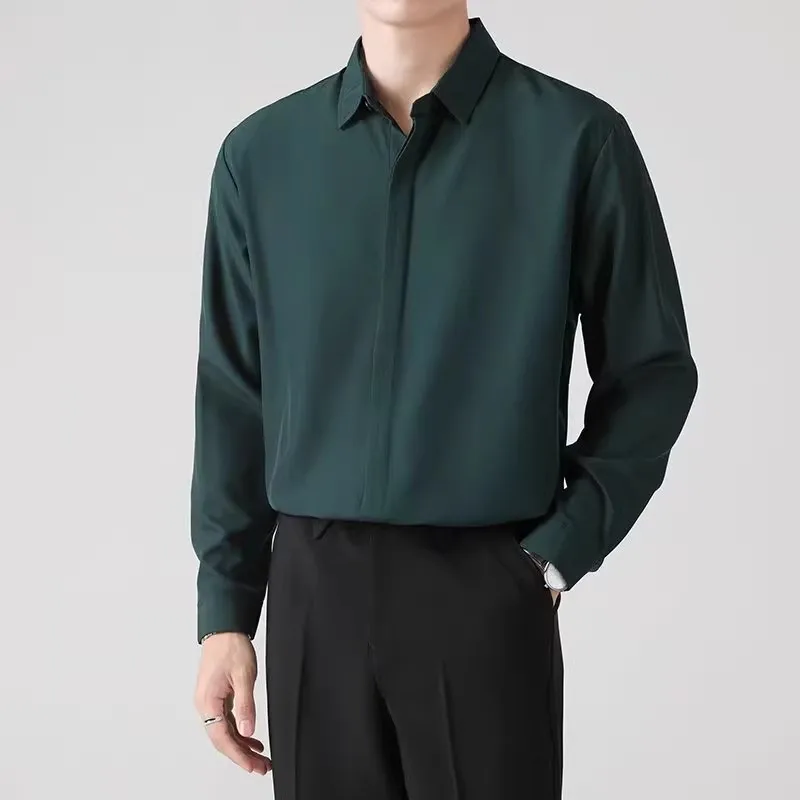 

Мужская рубашка свободного кроя с длинным рукавом, повседневная, однотонная, весна-осень, новая модная модель из трикотажной ткани с пуговицами