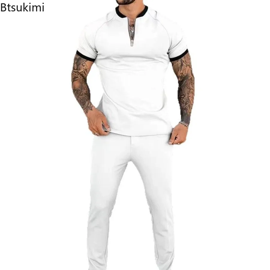 Traje deportivo de tendencia 2025 para hombre, nuevo jersey de manga corta con medio cremallera y cuello levantado + Pantalones, conjuntos