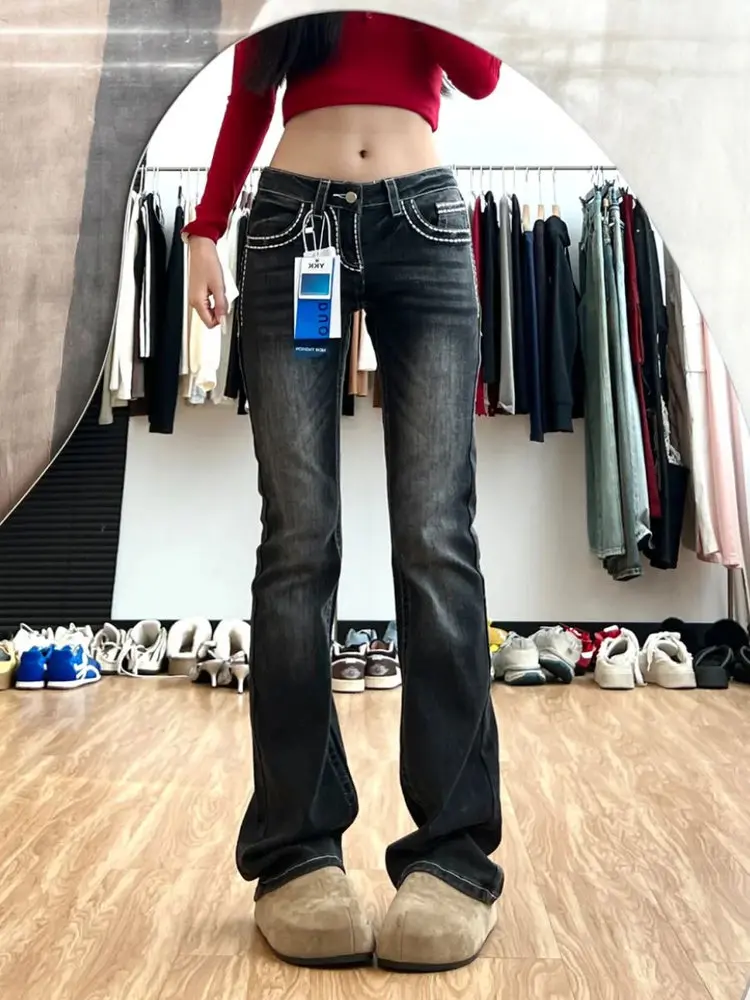 

Slim Fit Low Waist Bell Bot Jeans Women's Highlight Bleach Tummy Control Boo Enhancing Long Pants Cotton Stretch Denim