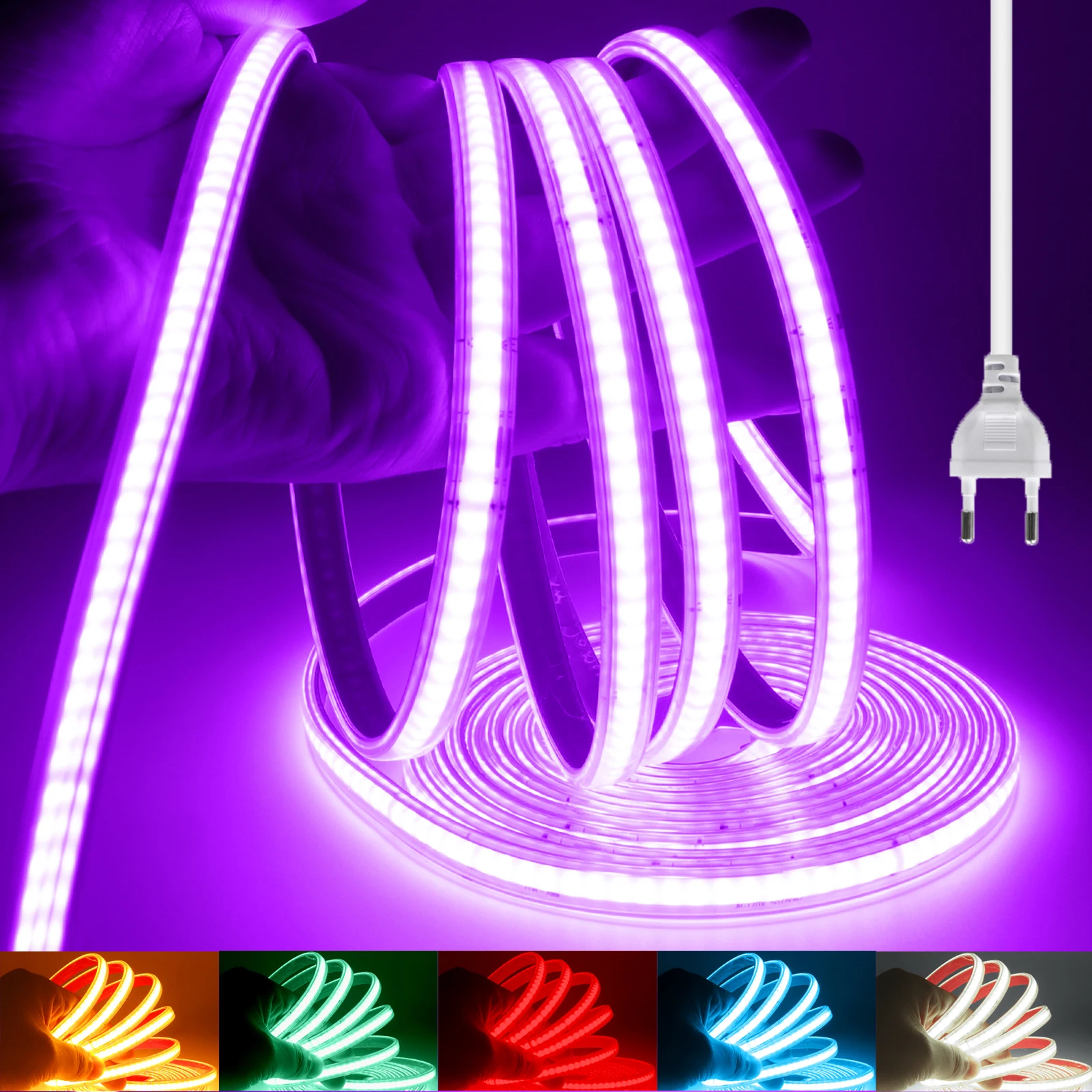 220V COB LED Strip 240LEDs/M Adhesive Linear Lights IP65 Waterproof with EU Power Plug 1m-40m for Kitchen Room Garden Lighting