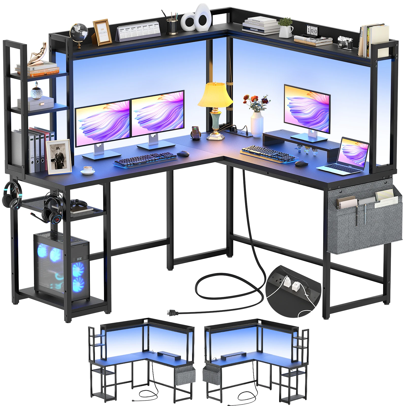Office Furniture Outlet - Aheaplus 57インチ ブラック L字型デスク、電源コンセント、LEDライト、モニター用リバーシブルホームオフィスコンピューターデスク、ハッチ収納棚、バッグ＆フック付き