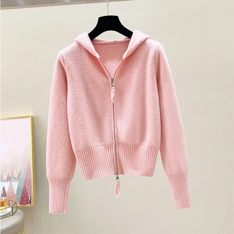 Autumn and winter new retro double zipper hooded sweater cardigan high waisted elastic flared pants two-piece set for women