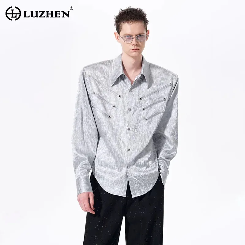 

LUZHEN 2026 Spring Ribbon Patchwork Design Shoulder Pad Long Sleeve Shirts Men's Fashion Handsome Solid Color Casual Tops JY6426