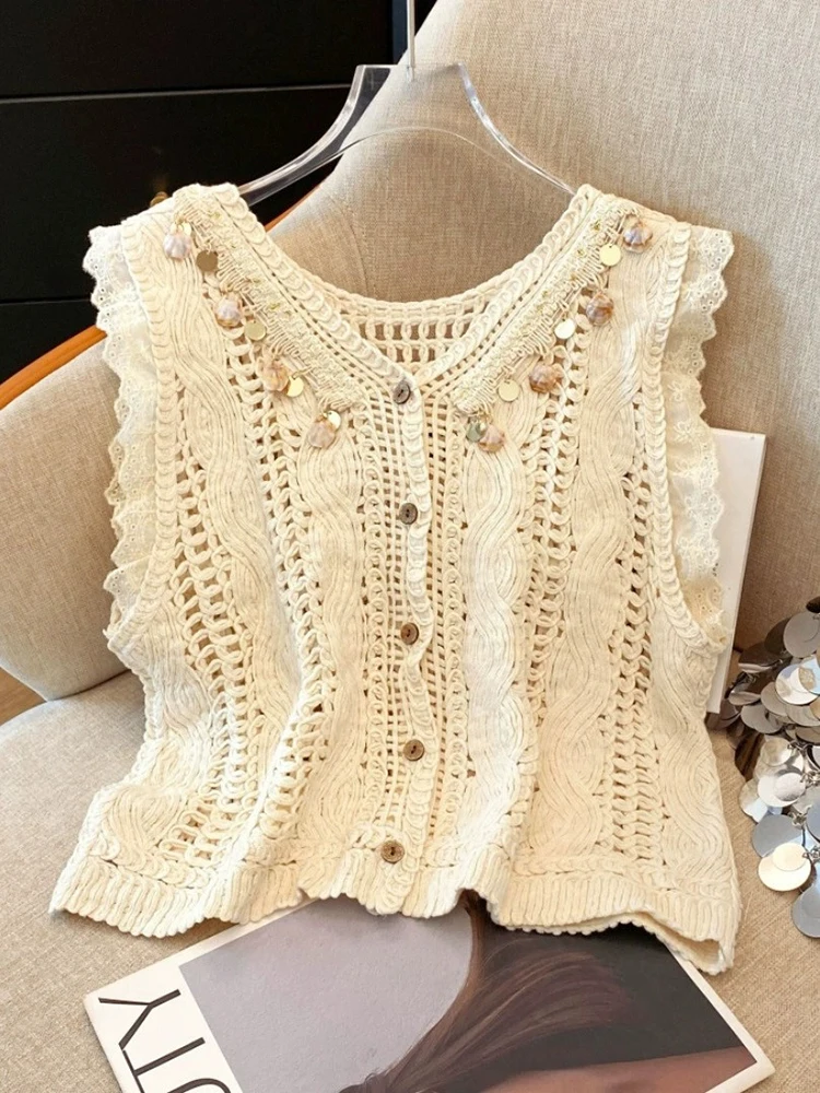 

Lace Splicing Fly Sve Knitted Vest Women's ort Svel Top Hollow out Summer New Hook Flower Open Cardigan Korean Sle