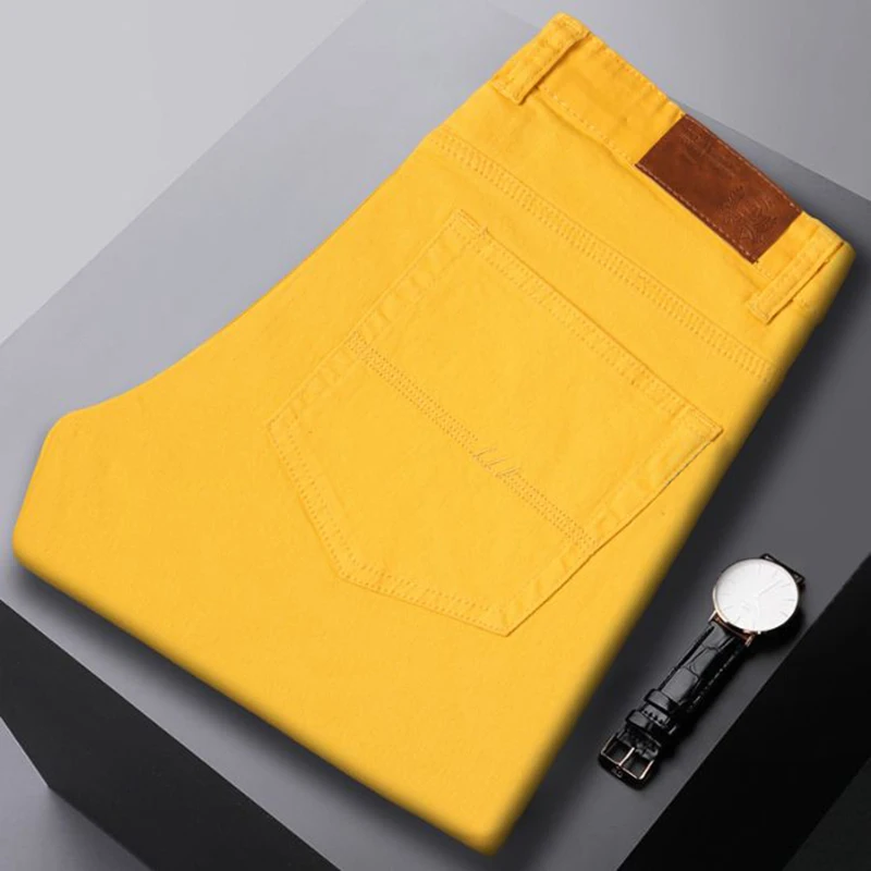 New Autumn Men\'s Yellow Pink Red Slim Jeans Classic Straight Elasticity Denim Pants Male Brand Stretch Skinny Colorful Trousers