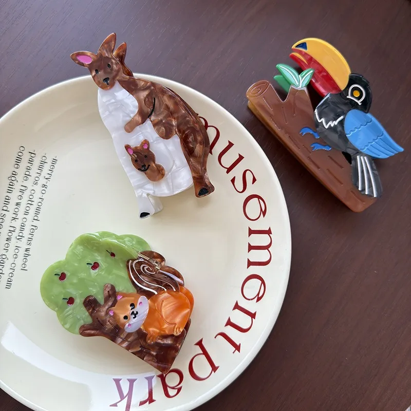 Unique Forest Animal Acetate Shark Hair Claw, Squirrel Woodpecker Kangaroo Shaped Hair Clip, Personalized Trendy Daily Accessory