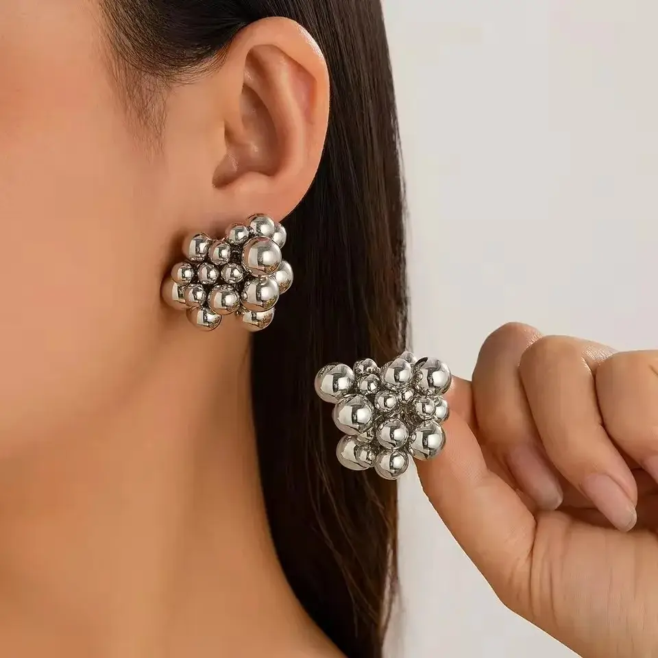 Trendy CCB Unique Braided Plastic Ball Bead Stud Earrings for Women Trendy Goth Gold Color Piercing Earring Party Jewelry Gift - 3