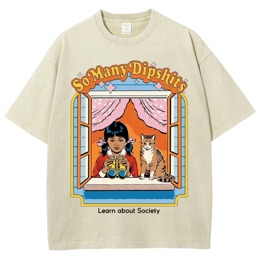 Vintage Washed Retro Cartoon Girl And Cat Graphic T Shirt Unisex Window Scene Print Short Sleeve Tee Weird Aesthetic Casual Tops